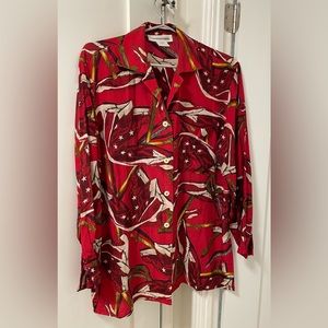 Jones New York Red Silk Blouse with White and Brown Prints